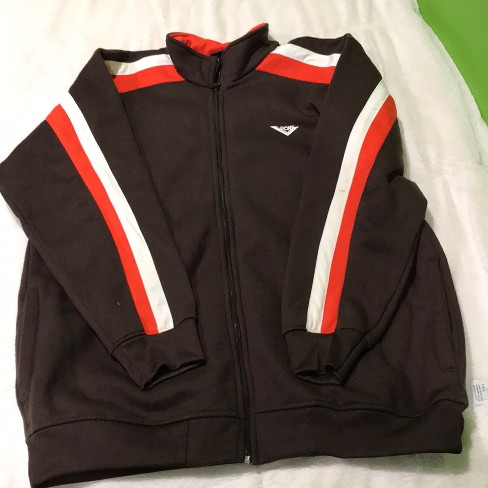 Full zip sweater with orange and white stripe